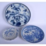 THREE JAPANESE BLUE AND WHITE DISHES. Largest 32 cm diameter. (3)