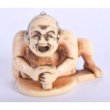 A LOVELY 19TH CENTURY JAPANESE MEIJI PERIOD CARVED IVORY NETSUKE modelled as a seated sumo. 3.5 cm x