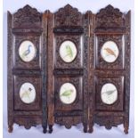 A RARE 19TH CENTURY ANGLO INDIAN CARVED BONE ORNITHOLOGICAL HARDWOOD SCREEN decorated with birds an