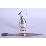 A STYLISH DANISH SILVER JUG and a silver coin letter opener. 121 grams. Largest 23 cm long. (2)