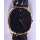 A TWO TONE LONGINES BLACK DIAL WRISTWATCH. 2.75 cm wide.