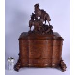 A VERY LARGE 19TH CENTURY BAVARIAN CARVED WOOD BLACK FOREST DECANTER formed as two roaming hounds up