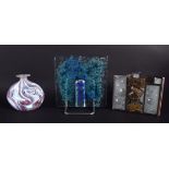 A RETRO 1960S BLUE SPECKLED ART GLASS PLAQUE together with a glass sculpture etc. Largest 15 cm wide