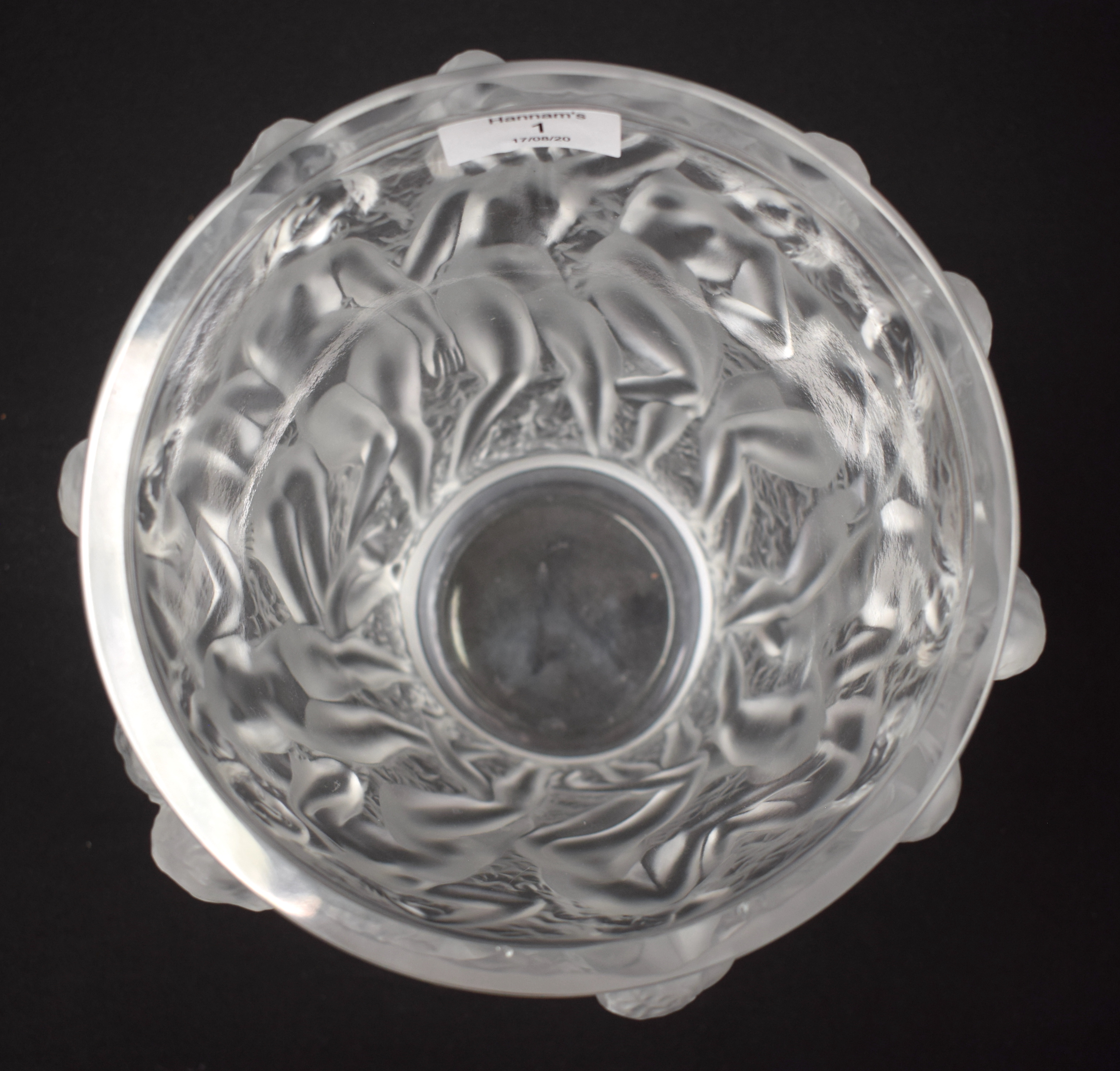 A LARGE FRENCH LALIQUE GLASS VASE decorated in the Bacchantes pattern. 25 cm x 17 cm. - Image 12 of 13