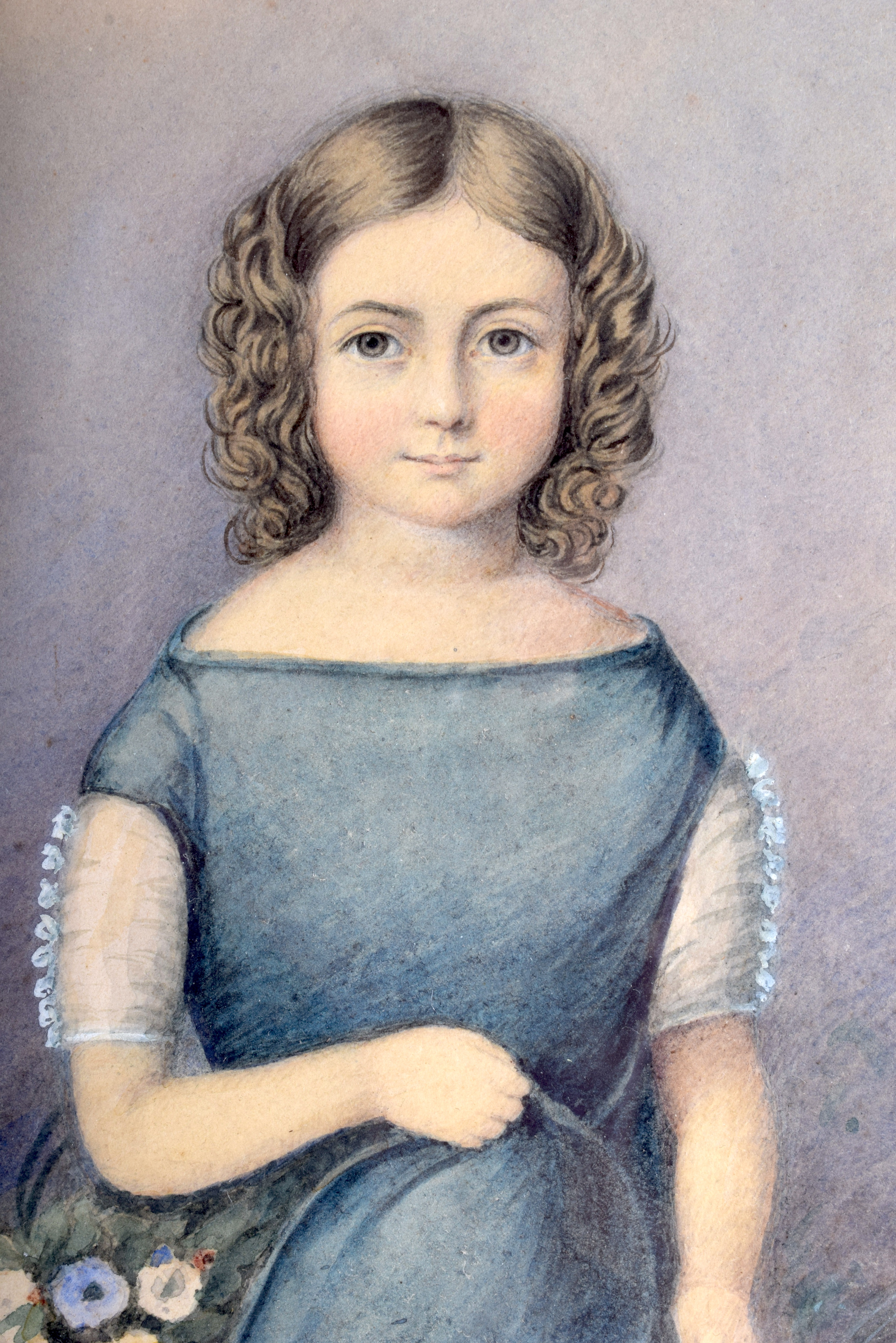 English school (19th Century) Girl in blue, Watercolour. Image 34 cm x 23 cm. - Image 2 of 3