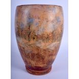 A VINTAGE STUDIO POTTERY DUCK EGG VASE possibly American, painted with landscapes. 24 cm high.