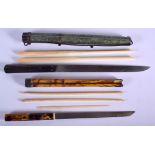 TWO 19TH CENTURY JAPANESE MEIJI PERIOD SHAGREEN AND TORTOISESHELL CHOPSTICK HOLDERS Late Qing. 30 cm
