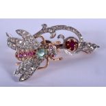 A VINTAGE GOLD DIAMOND EMERALD AND RUBY INSECT BROOCH within a fitted case. 15.2 grams. 5.5 cm x 2.7