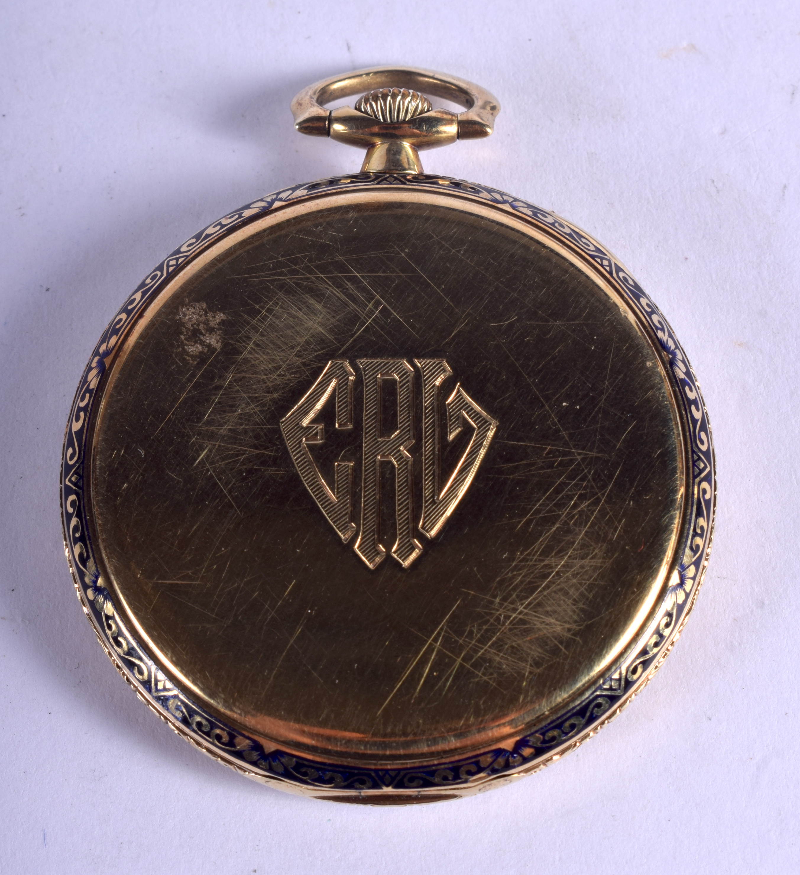 AN ANTIQUE 14CT GOLD AND ENAMEL POCKET WATCH decorated with foliage. 58.7 grams overall. 4.25 cm wid - Image 2 of 4