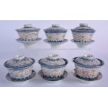 A SET OF SIX EARLY 20TH CENTURY CHINESE BLUE AND WHITE BOWLS ON STANDS Qing/Republic. 10 cm wide. (q