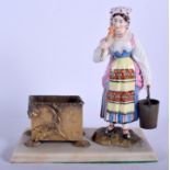 A RARE EARLY 20TH CENTURY RUSSIAN PORCELAIN FIGURE OF A FEMALE modelled beside a brass dish. 17 cm x