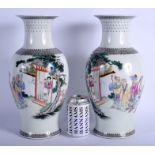 A LARGE PAIR OF CHINESE REPUBLICAN PERIOD FAMILLE ROSE VASES painted with landscapes. 35.5 cm high.