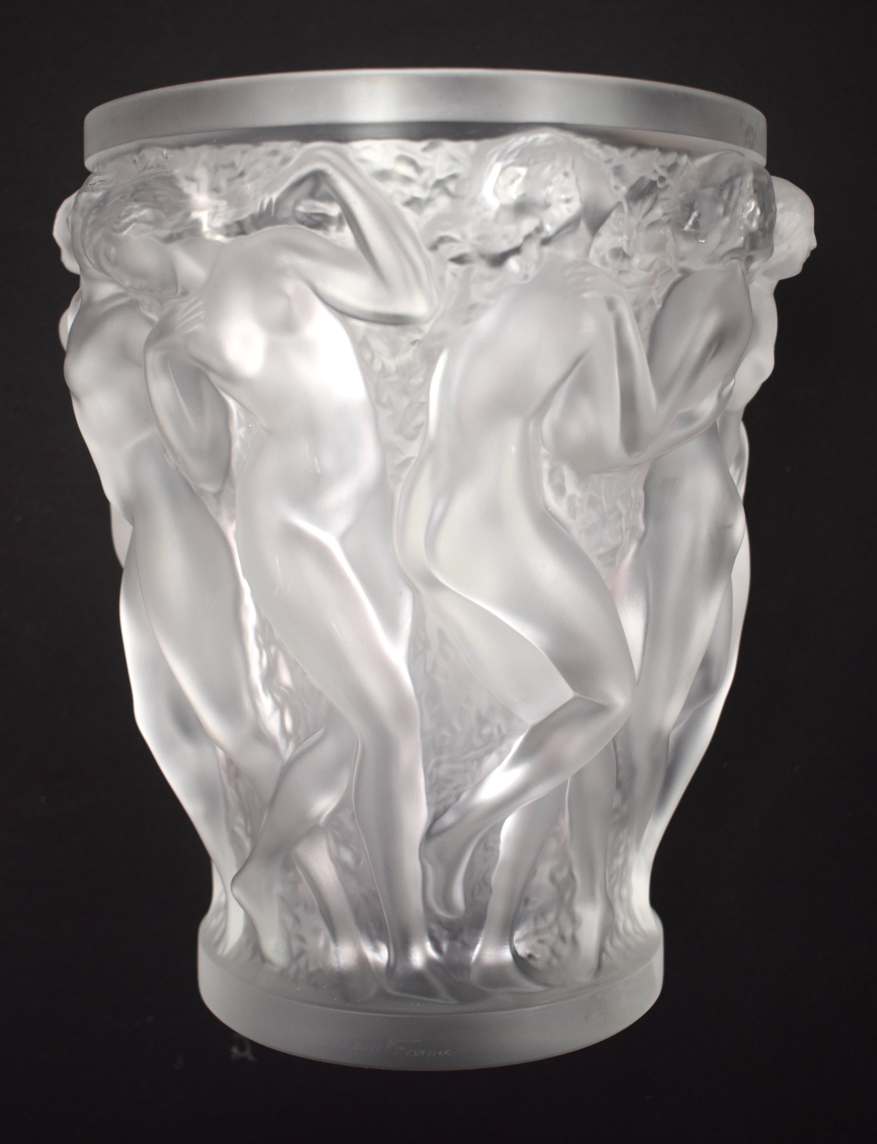A LARGE FRENCH LALIQUE GLASS VASE decorated in the Bacchantes pattern. 25 cm x 17 cm. - Image 7 of 13