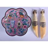 A RARE PAIR OF 19TH CENTURY THAI CARVED IVORY PENDANTS together with a canton dish. Largest 8 cm wid