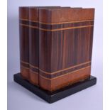 A CHARMING BURR WALNUT AND ROSEWOOD CIGAR HUMIDOR in the form of stacking books. 28 cm x 13 cm.