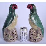 A FINE AND RARE PAIR OF 17TH/18TH CENTURY CHINESE EXPORT PARROTS Kangxi, with sharply carved wings a