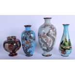 A GROUP OF FOUR EARLY 20TH CENTURY JAPANESE MEIJI PERIOD CLOISONNE ENAMEL VASES in various forms and