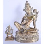 A 19TH CENTURY INDIAN POLISHED BRONZE FIGURE OF A BUDDHA together with a smaller buddhistic deity. L