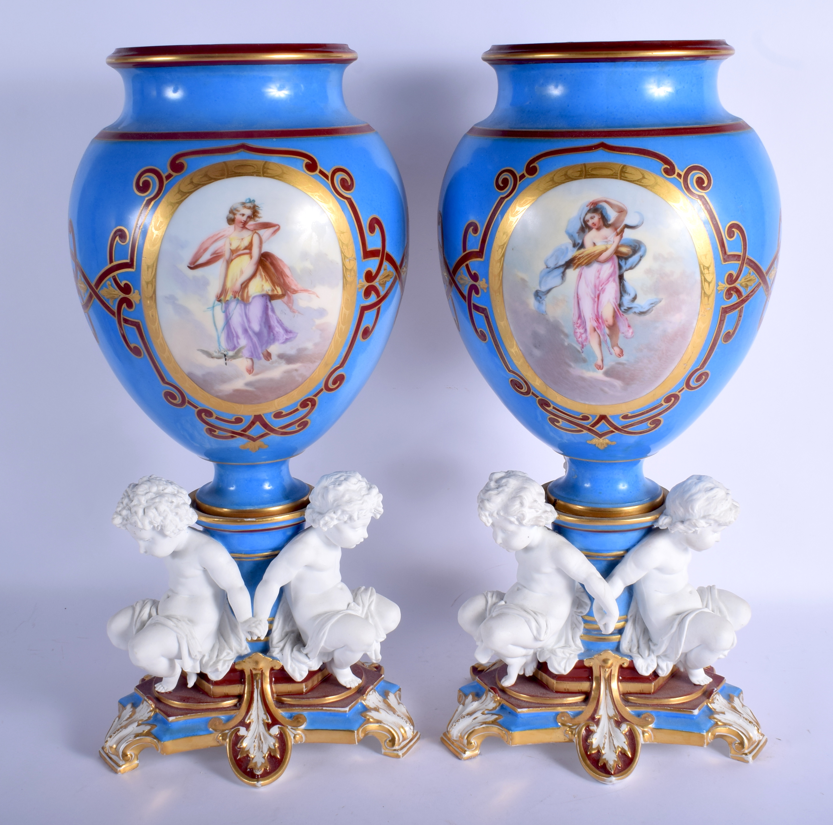 A SUPERB LARGE PAIR OF 19TH CENTURY PARIS PORCELAIN VASES painted with classical scenes, supported b - Image 3 of 20