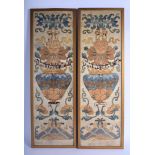 A LARGE PAIR OF 19TH CENTURY CHINESE SILKWORK PANELS Qing. Silk 19 cm x 64 cm.