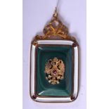 AN UNUSUAL CONTINENTAL SILVER JEWELLED MALACHITE PENDANT. 3.5 cm x 5.25 cm.