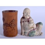 AN EARLY 20TH CENTURY CHINESE CARVED BAMBOO BRUSH POT Qing, together with a soapstone scholar. 10 cm