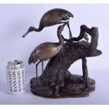 A LARGE 19TH CENTURY JAPANESE MEIJI PERIOD BRONZE OKIMONO modelled as two birds upon a naturalistic