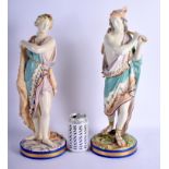 A RARE LARGE PAIR OF 19TH CENTURY ROYAL WORCESTER PORCELAIN FIGURES with unusual enamelled colourway