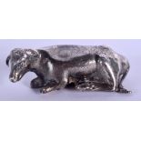 A RARE VICTORIAN SILVER FIGURE OF A RECUMBANT BULLOCK possibly a pin cushion. 6 cm wide.