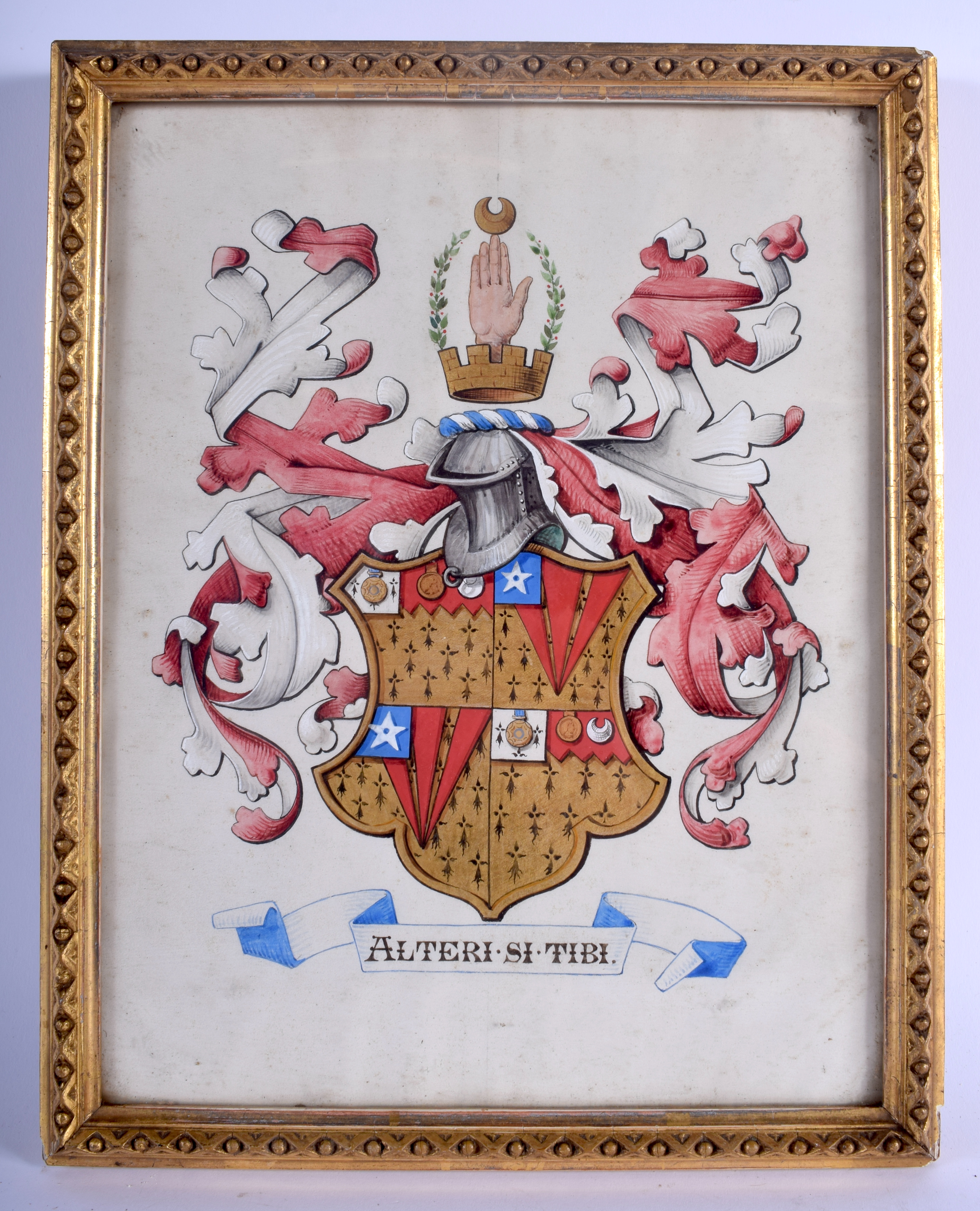 A 19TH CENTURY PAINTED WATERCOLOUR ARMORIAL COAT OF ARMS. Image 21 cm x 27 cm.