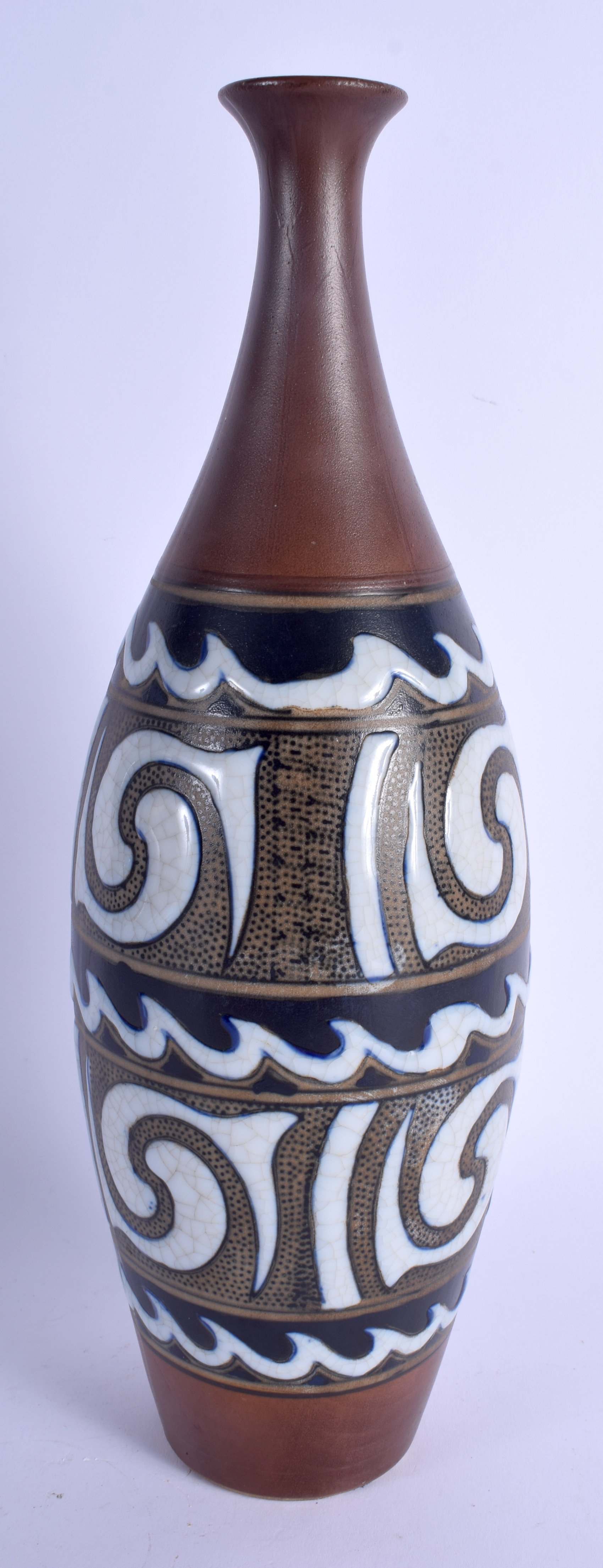 A LARGE CONTEMPOARY STUDIO POTTERY SLIP DECORATED VASE in the manner of Boch Freres. 37 cm high. - Image 2 of 3