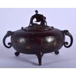 A 19TH CENTURY JAPANESE MEIJI PERIOD BRONZE CENSER AND COVER decorated with motifs. 17 cm wide.