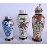 TWO EARLY 20TH CENTURY CHINESE CRACKLE GLAZED VASES AND COVERS together with another. Largest 31 cm