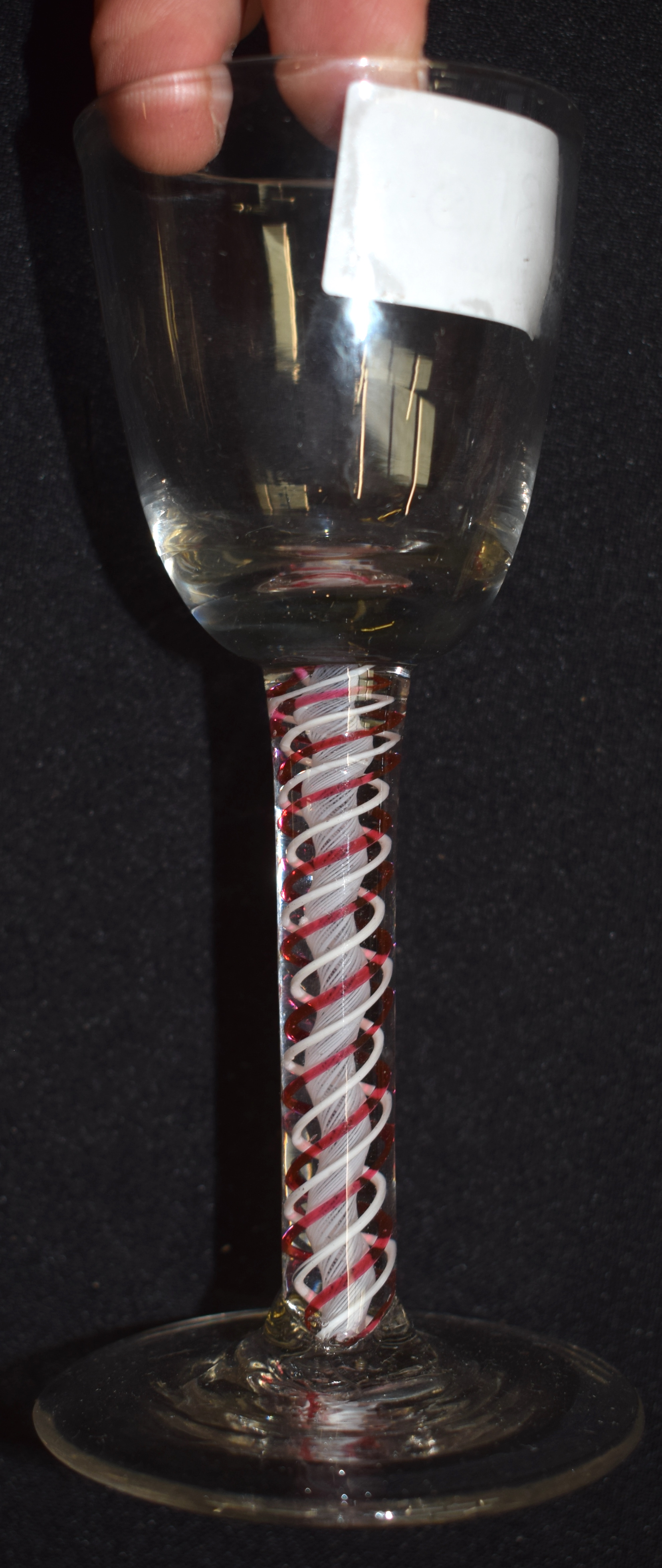 A SET OF FIVE 18TH CENTURY ENGLISH GLASSES C1770 with pink and white spiral twist stems. 16 cm high. - Image 5 of 16