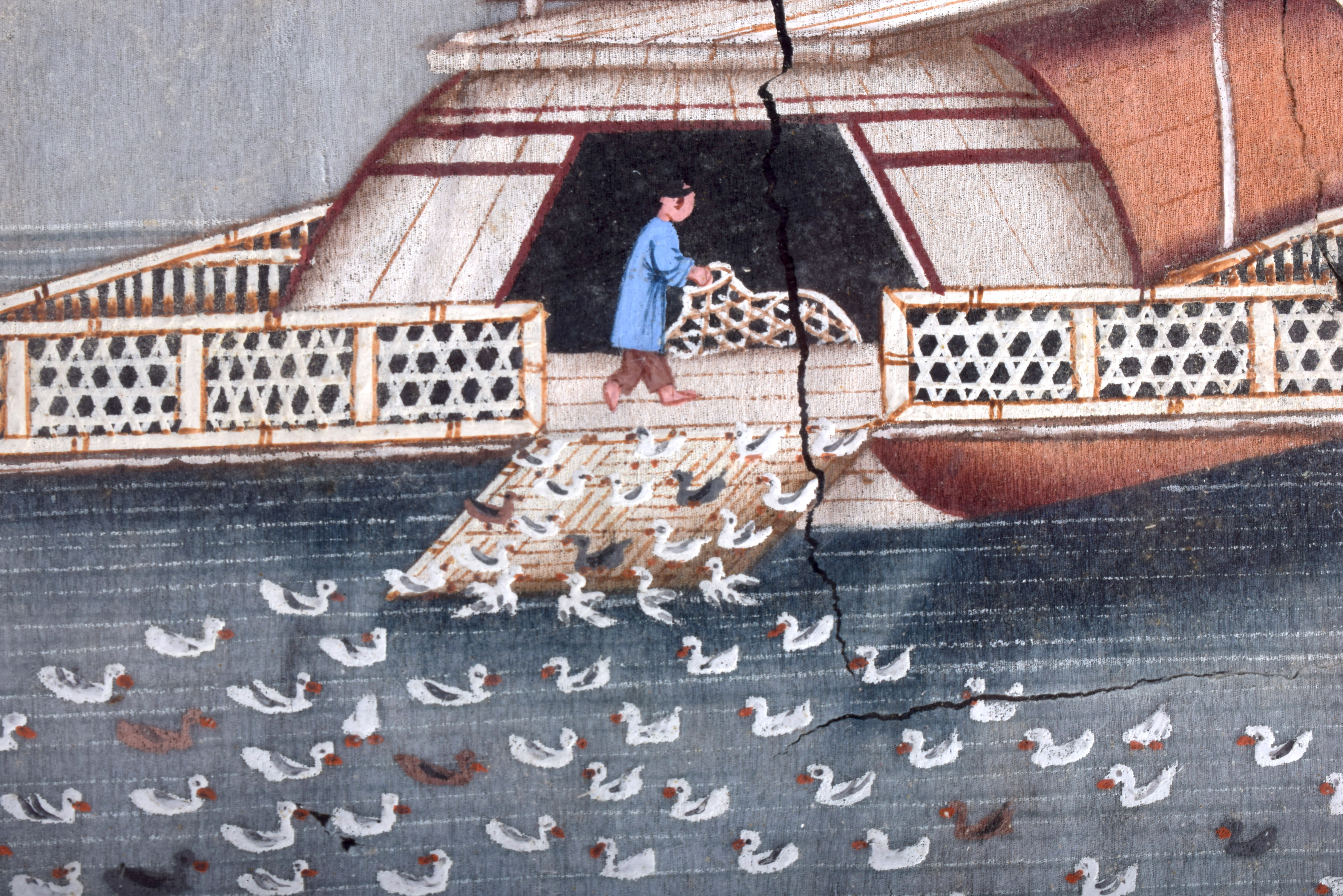 A VERY RARE 19TH CENTURY CHINESE PITH PAPER WATERCOLOUR depicting a figure releasing ducks onto the - Image 2 of 3