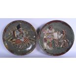 A LARGE PAIR OF 19TH CENTURY JAPANESE CRACKLE GLAZED ENAMELLED DISHES painted with figures. 30 cm di