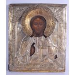 AN ANTIQUE CONTINENTAL SILVER PAINTED WOOD ICON probably Russian. 26 cm x 30 cm.