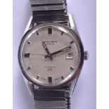 A BOXED J W BENSON STAINLESS STEEL WRISTWATCH. 3.5 cm wide.