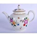 Worcester early teapot and cover painted with flowers. 18 cm wide.
