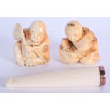 TWO 19TH CENTURY JAPANESE MEIJI PERIOD CARVED IVORY NETSUKES together with an Edwardian cheroot. Lar