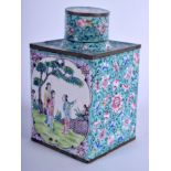 AN EARLY 20TH CENTURY CHINESE CANTON ENAMEL TEA CADDY AND COVER Qing, painted with figures. 12 cm x