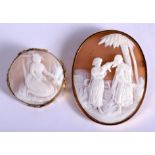 TWO ANTIQUE GOLD CAMEO BROOCHES. 19 grams. Largest 3.5 cm x 4.5 cm. (2)