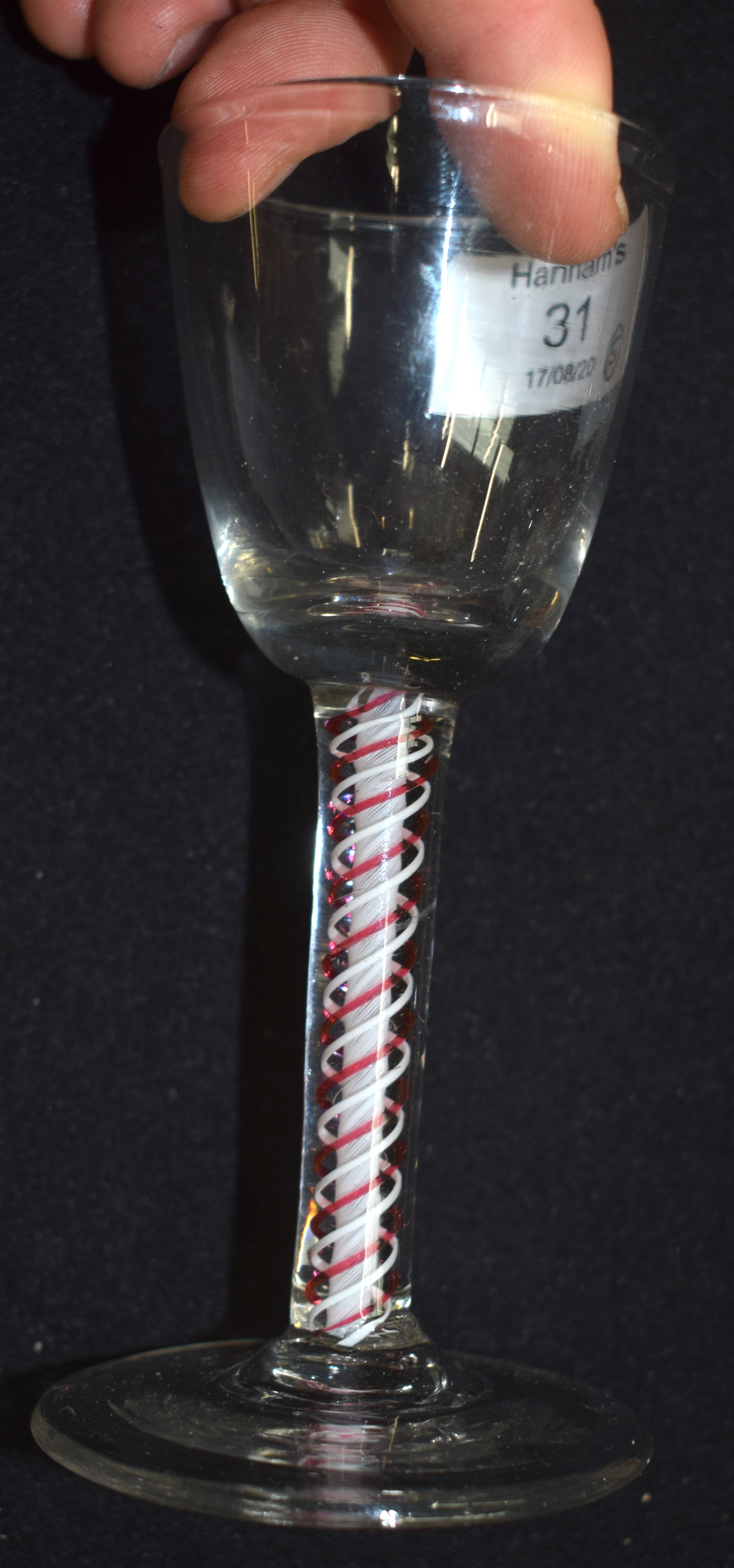 A SET OF FIVE 18TH CENTURY ENGLISH GLASSES C1770 with pink and white spiral twist stems. 16 cm high. - Image 14 of 16