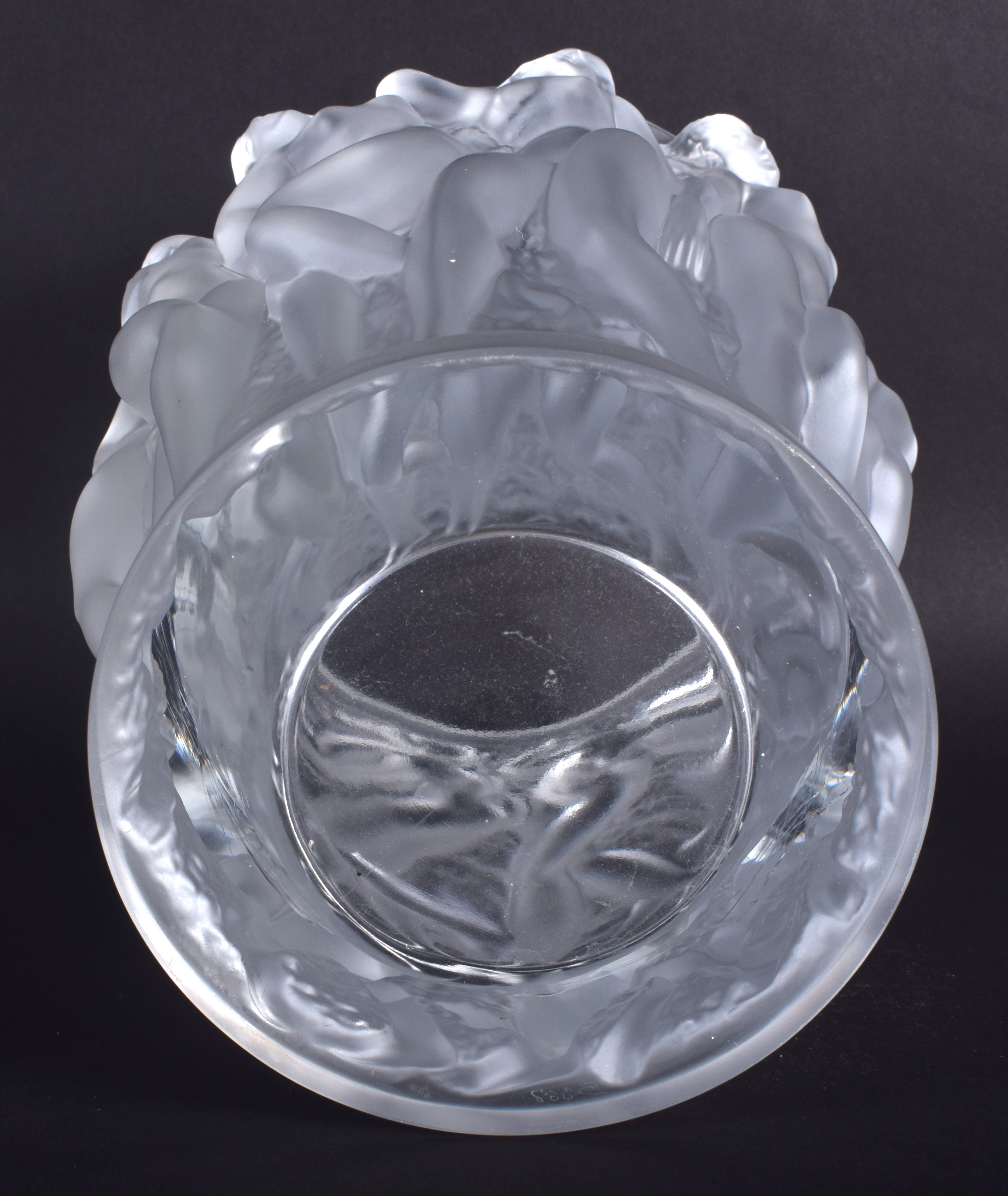 A LARGE FRENCH LALIQUE GLASS VASE decorated in the Bacchantes pattern. 25 cm x 17 cm. - Image 5 of 13