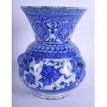 A TURKISH MIDDLE EASTERN BLUE AND WHITE POTTERY MOSQUE LAMP painted with flowers. 20 cm x 11 cm.