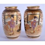 A PAIR OF 19TH CENTURY JAPANESE MEIJI PERIOD SATSUMA VASES painted with geisha. 9.5 cm high.