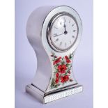 A LOVELY EARLY 20TH CENTURY ENGLISH SILVER AND CLOCK by the Douglas Clock Co Ltd, painted with flora