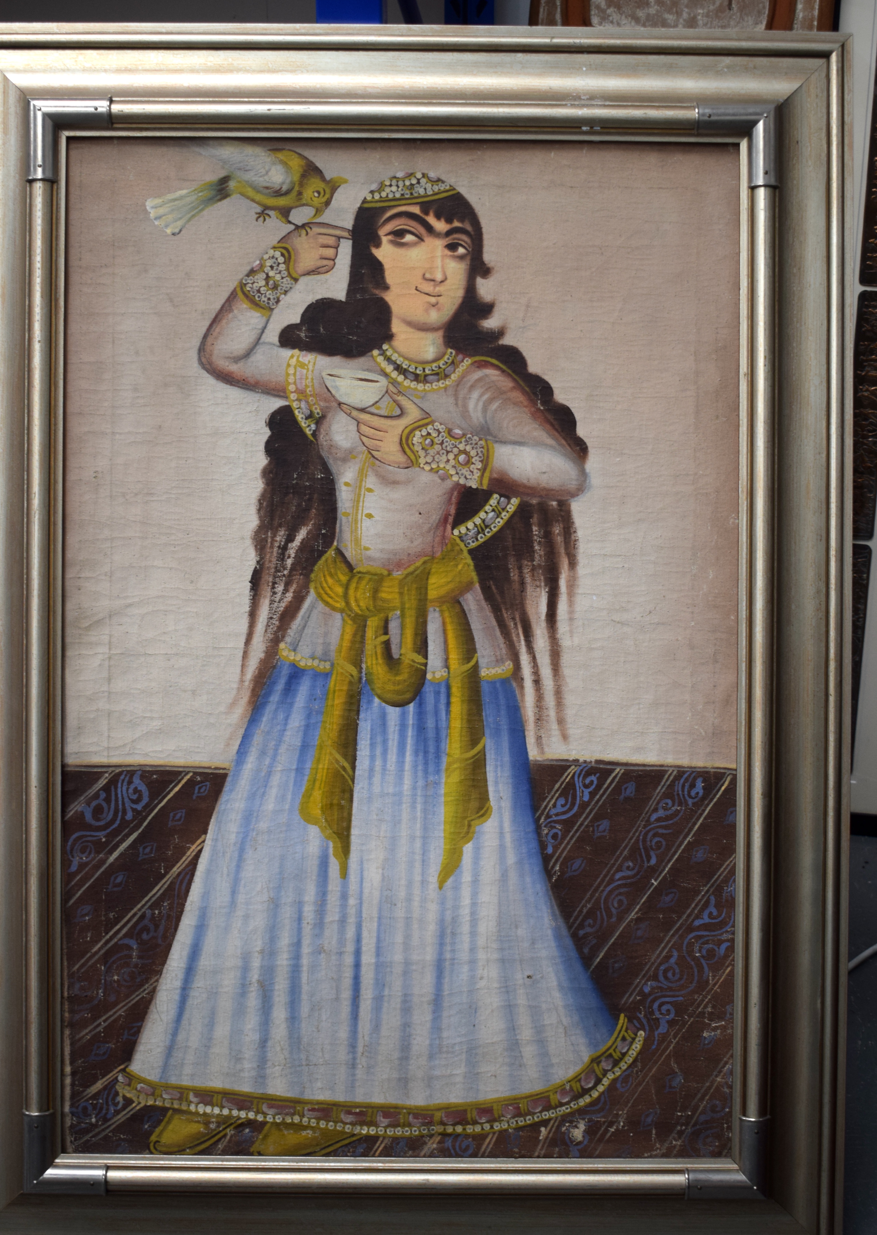 Persian School (20th Century) Qajar, oil on canvas. Image 89 cm x 59 cm.