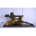 A VERY LARGE FRENCH ART DECO COLD PAINTED PLASTER FIGURE OF DIANA modelled in gilt embellished robes