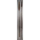 A PAIR OF EARLY 20TH CENTURY AFRICAN TRIBAL SPEARS probably Masai. 157 cm long.